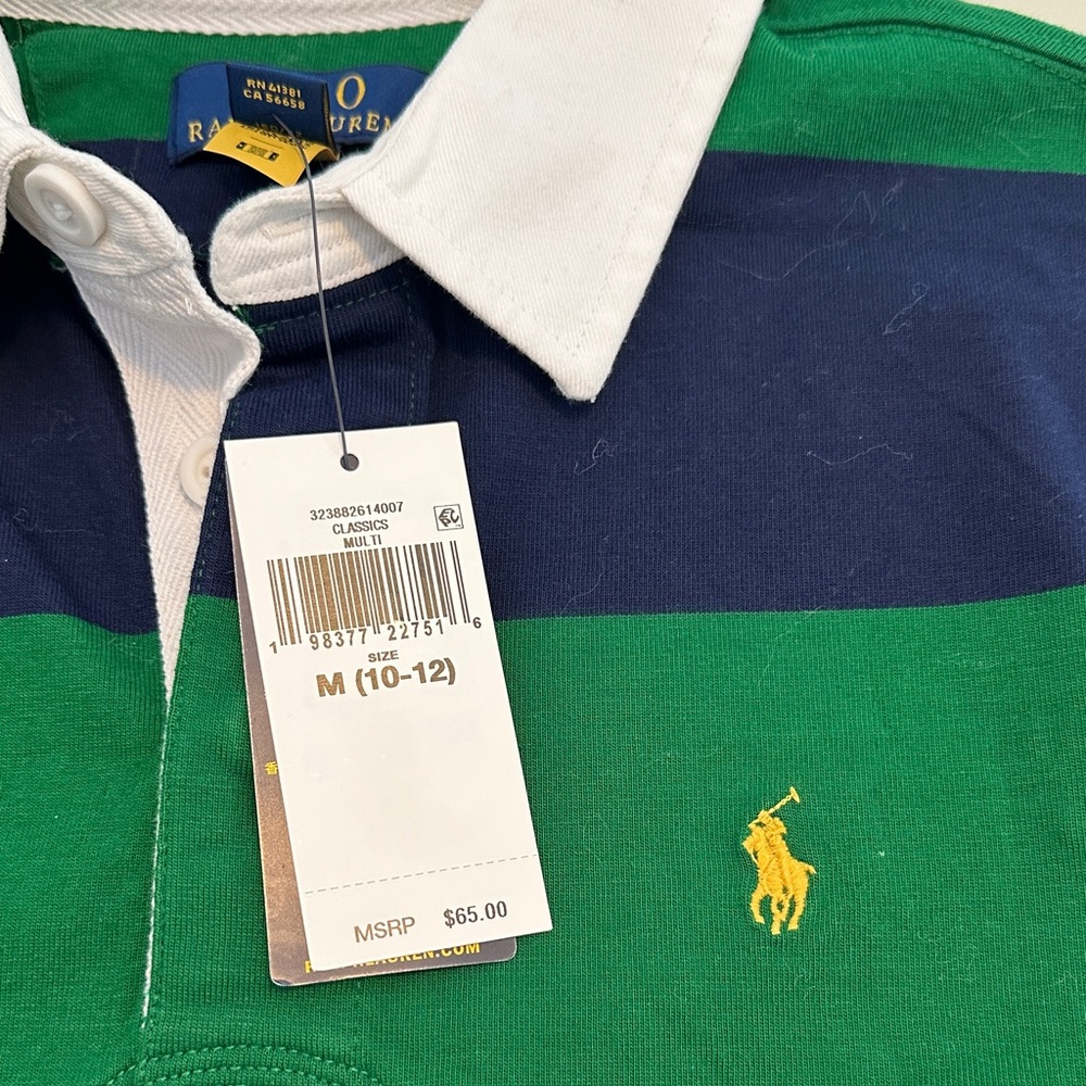 NWT Polo by Ralph Lauren Boys Rugby Striped Green and Navy Polo - Picture 3 of 6